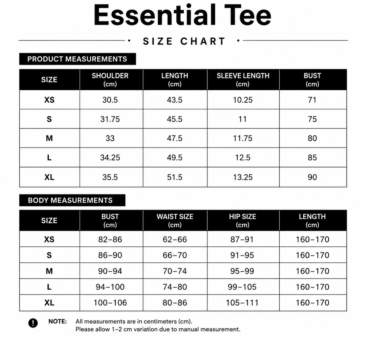 Size chart for Essential Tee