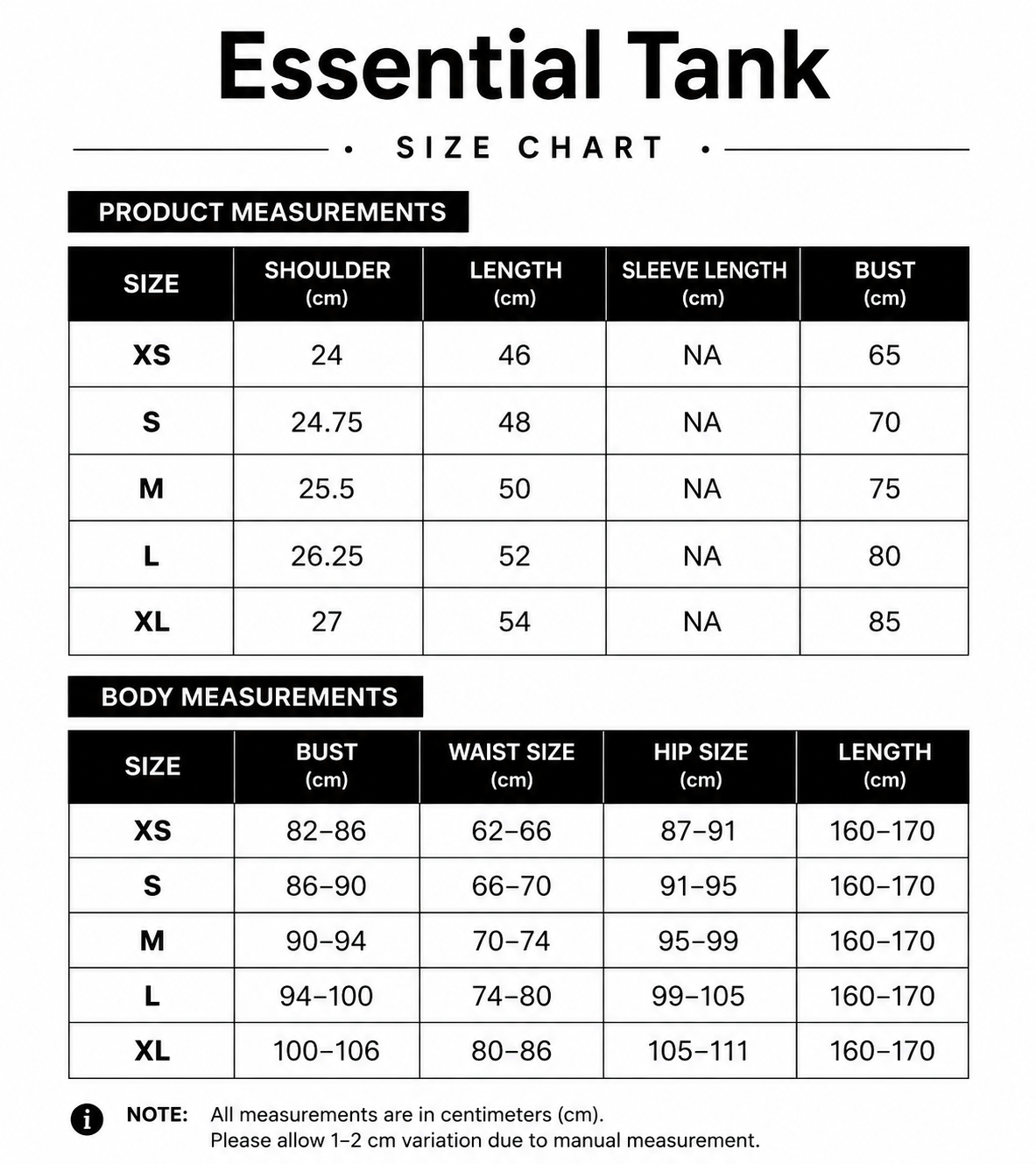 Size chart for Essential Tank
