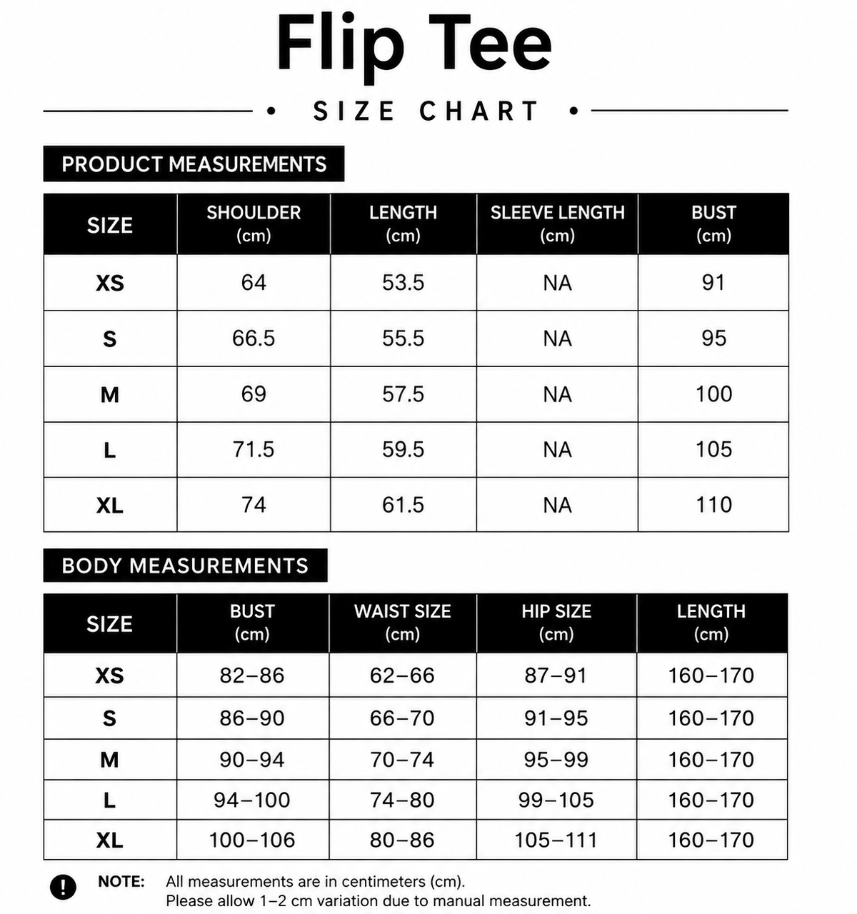Size chart for Flip Tee
