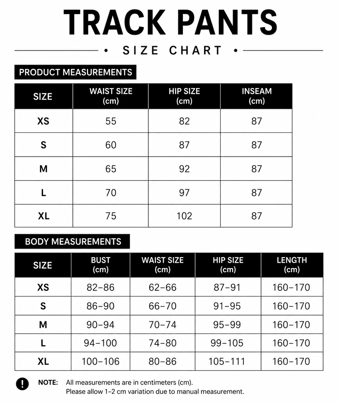 Size chart for The Track Pants in Air Lift