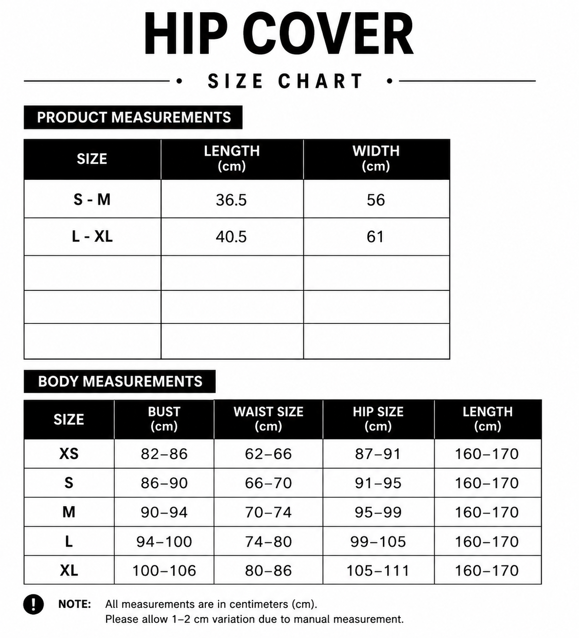 Size chart for Hip Cover