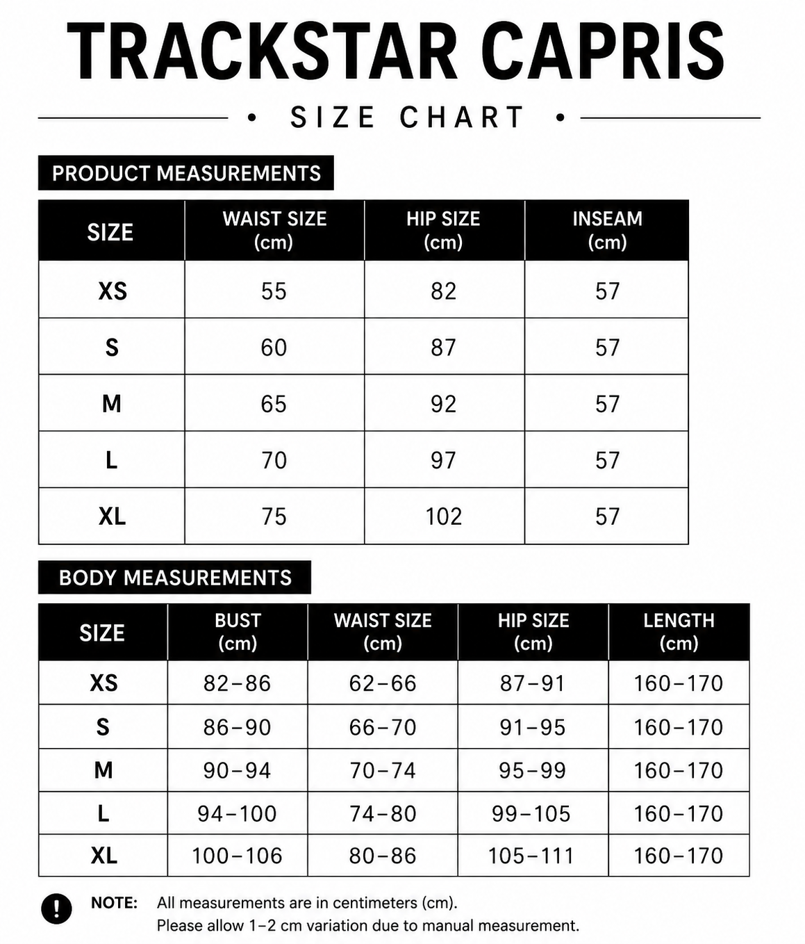 Size chart for TrackStar Capris