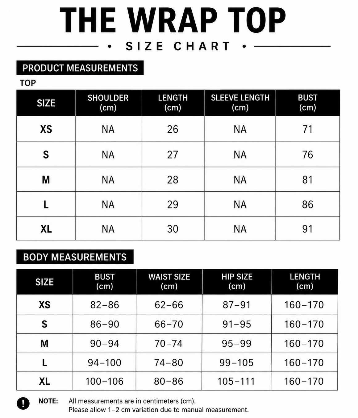 Size chart for The Wrap Top & Bra