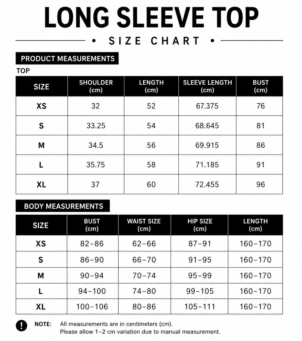 Size chart for Long Sleeve Quarter Zipper Top