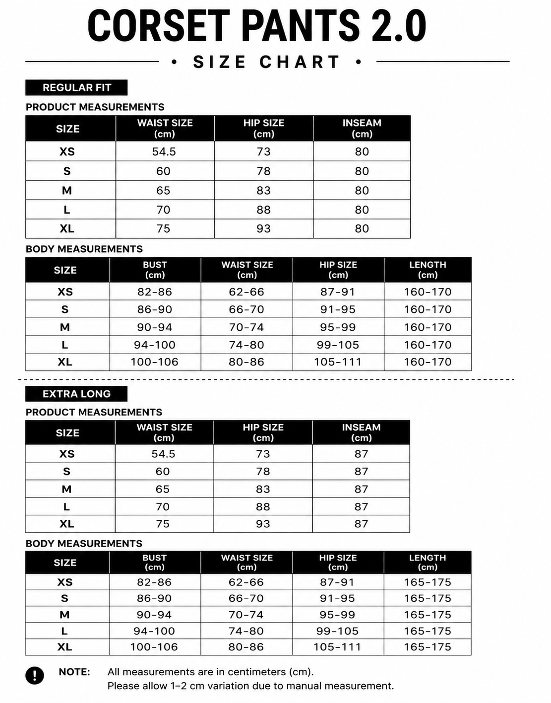 Size chart for The Corset Pants 2.0