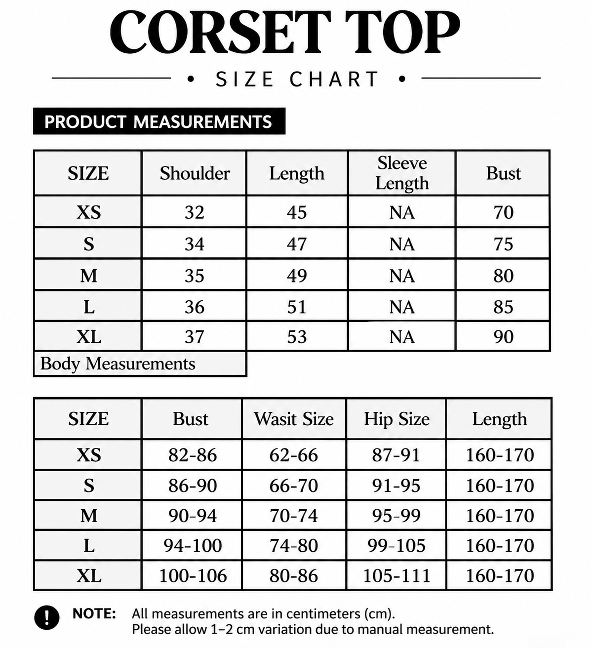 Size chart for The Corset Top