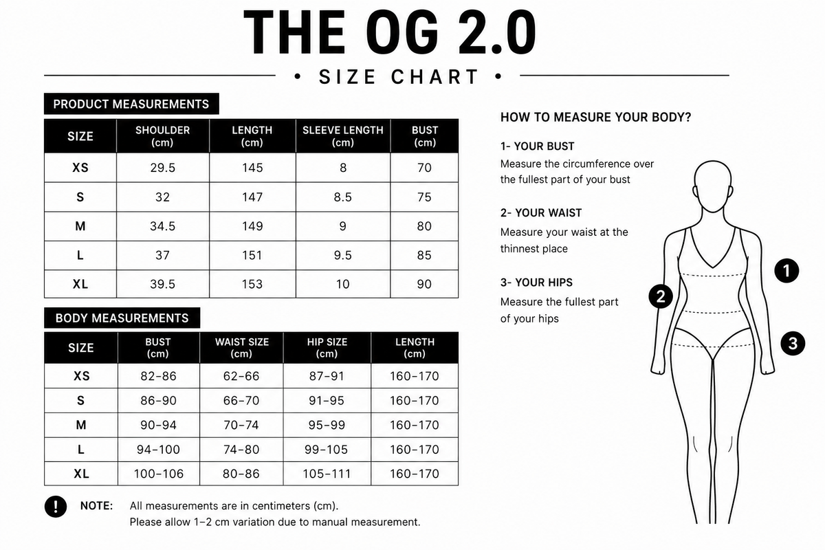Size chart for The OG Bodysuit 2.0
