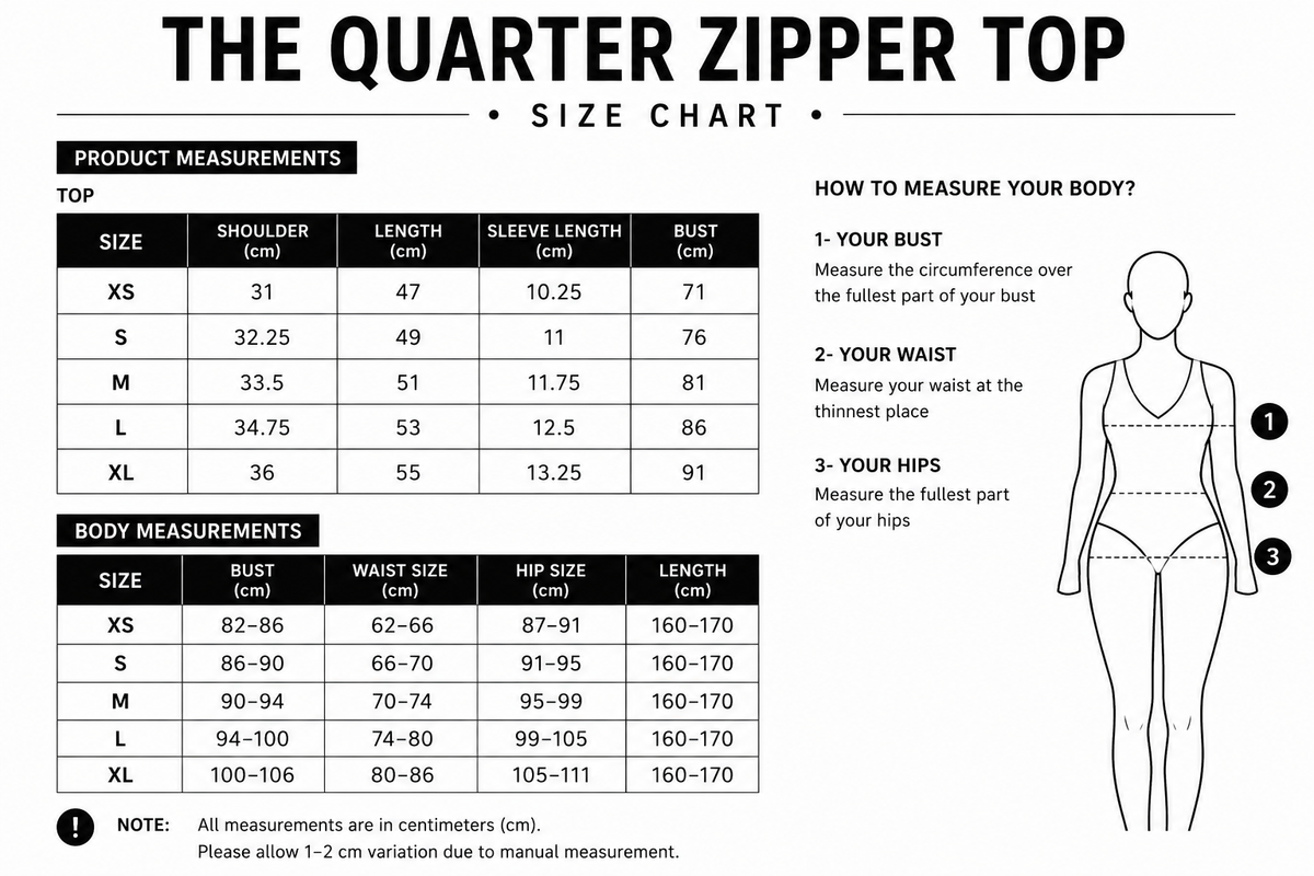 Size chart for Quarter Zipper Top