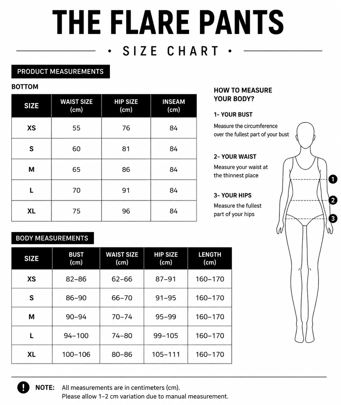 Size chart for The Flare Pants