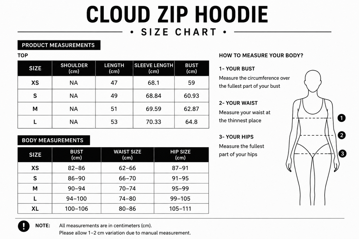 Size chart for Cloud Zip Hoodie