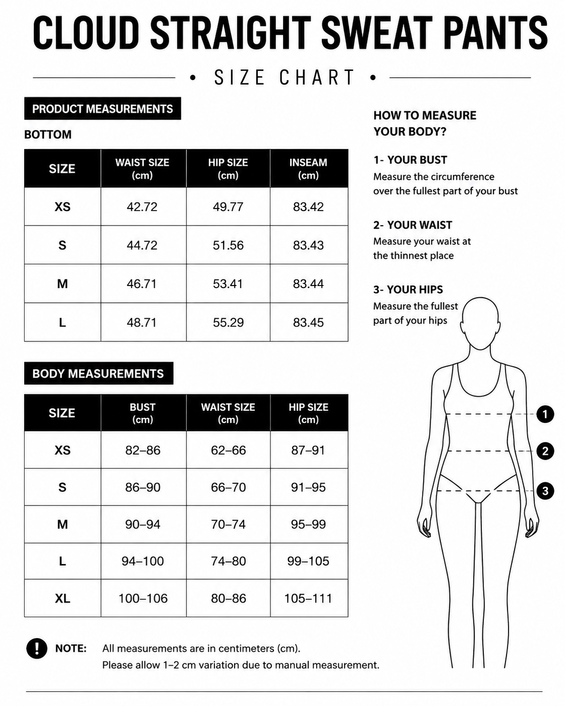 Size chart for Cloud Straight Sweat Pants