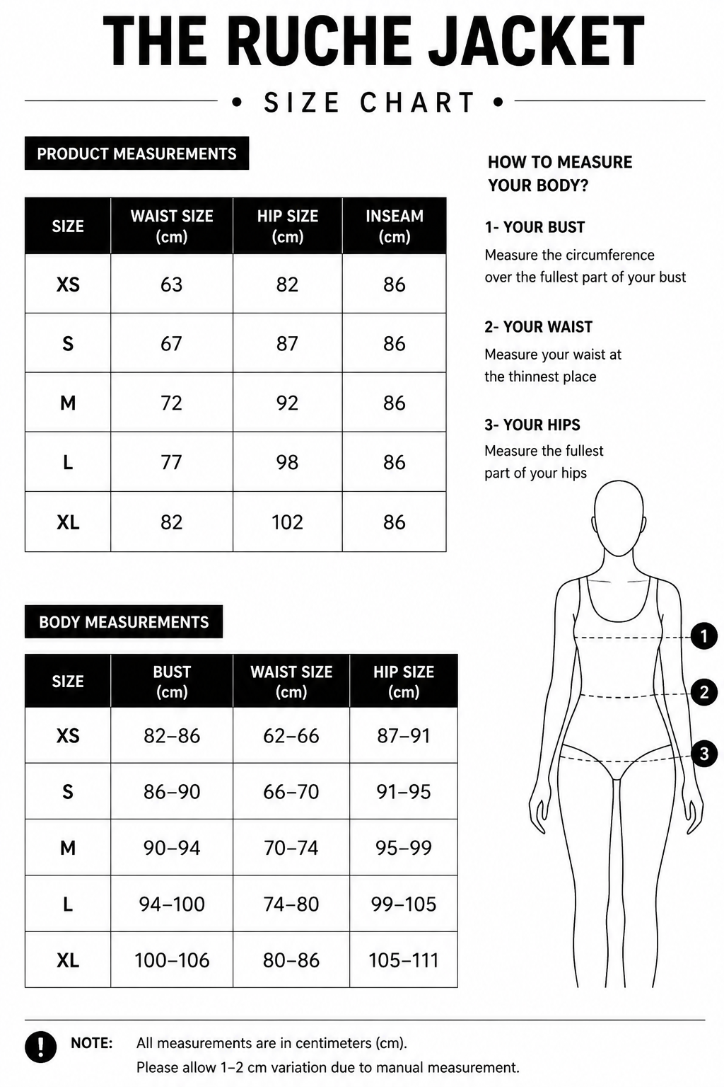 Size chart for The Ruche Jacket