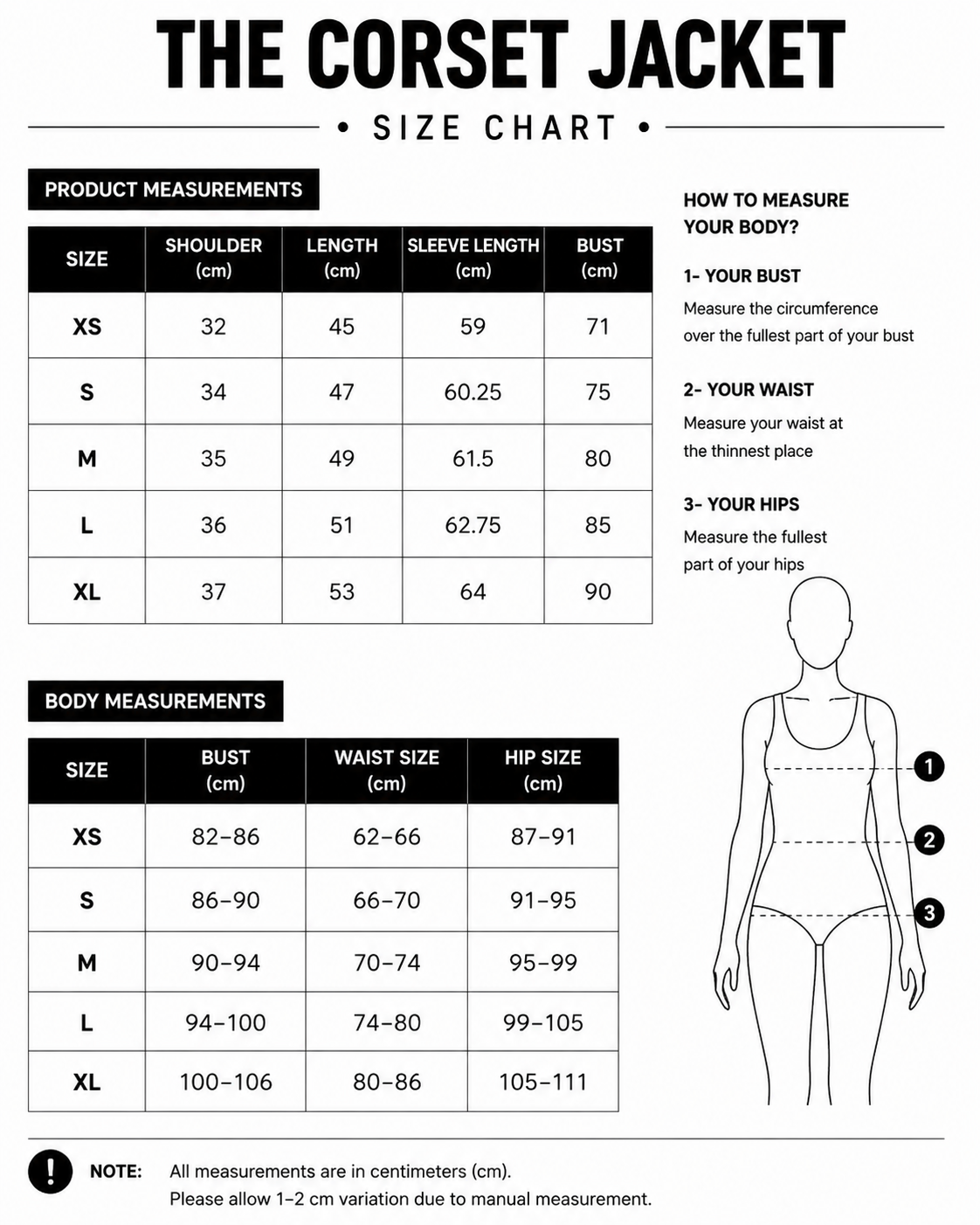 Size chart for The Corset Jacket