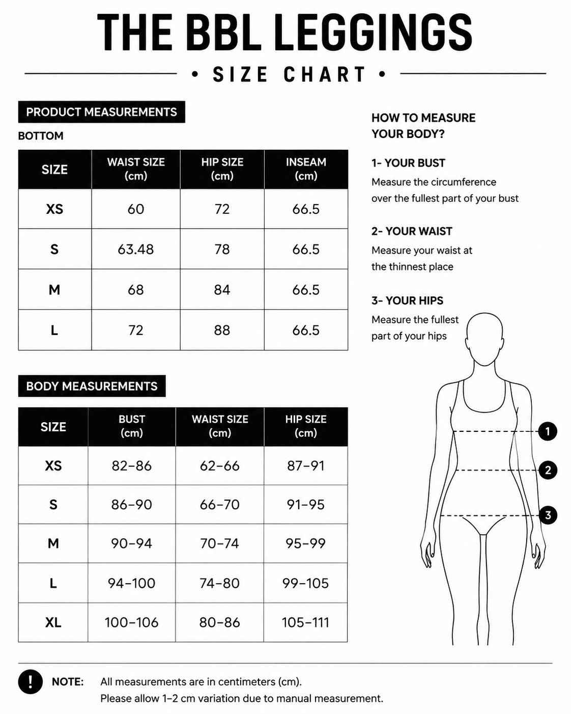 Size chart for The BBL Leggings