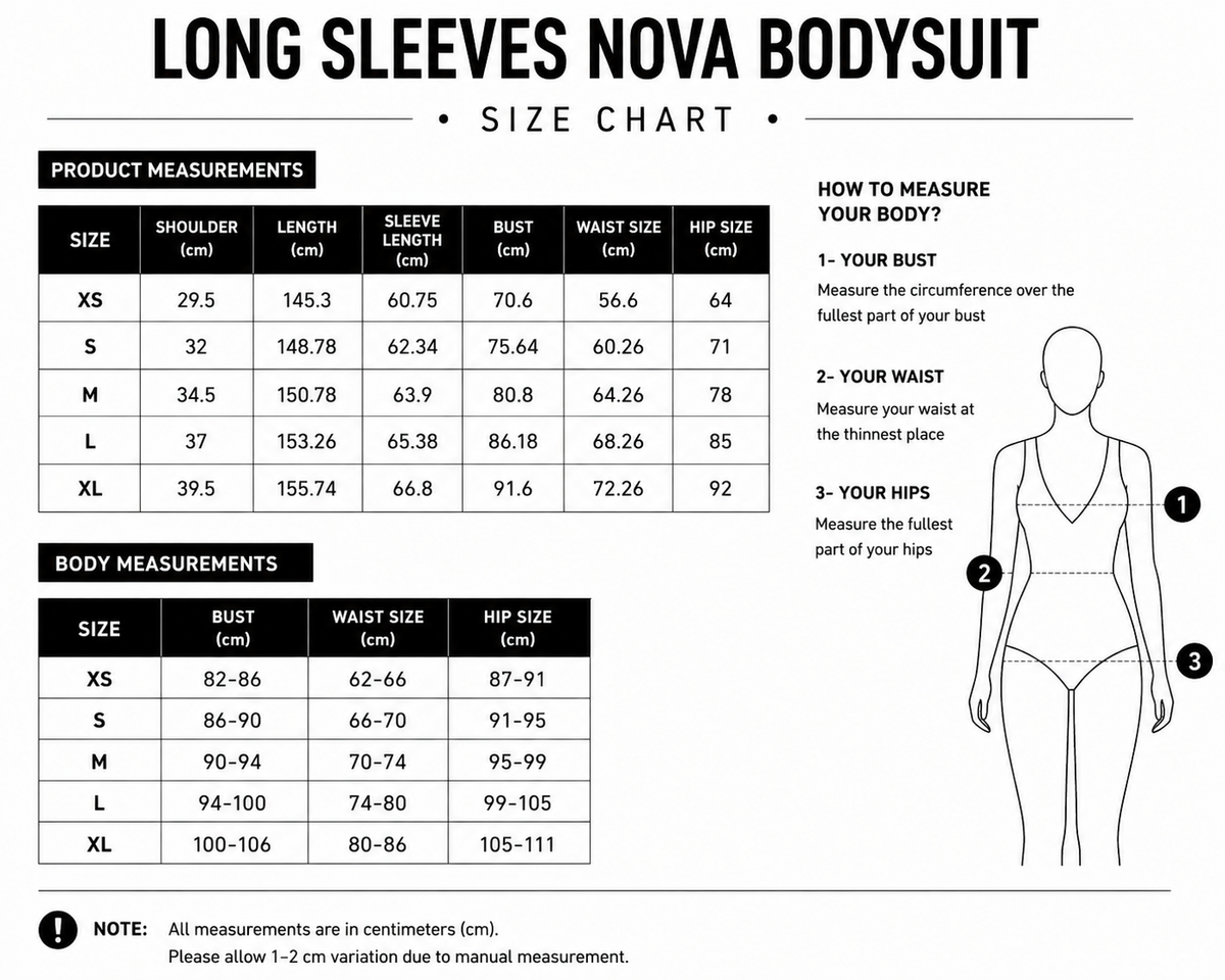 Size chart for Long Sleeve Nova Bodysuit
