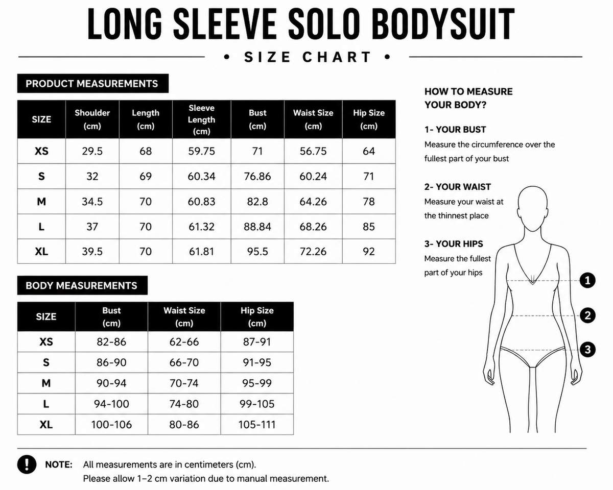 Size chart for Long Sleeve Solo Bodysuit