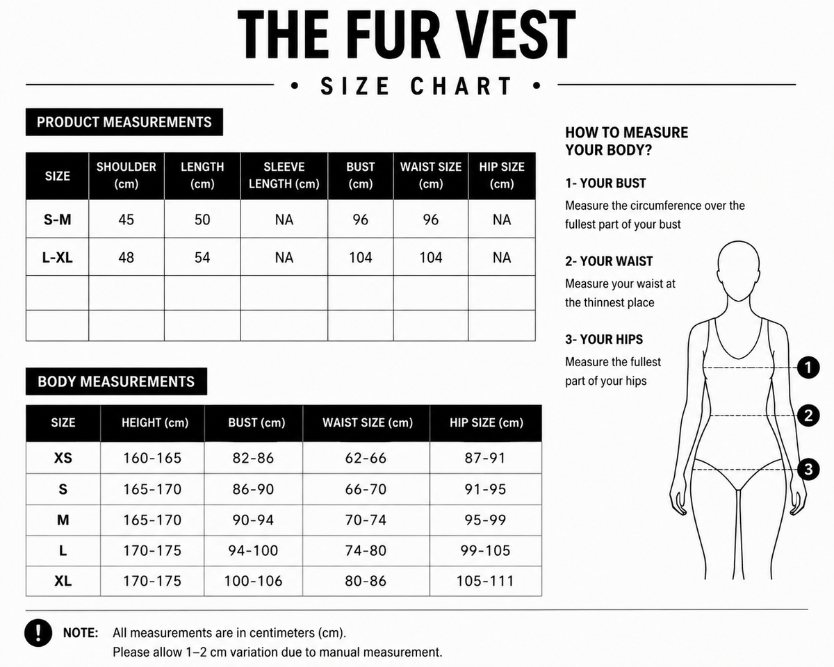 Size chart for Fur Vest with Matching Cuffs