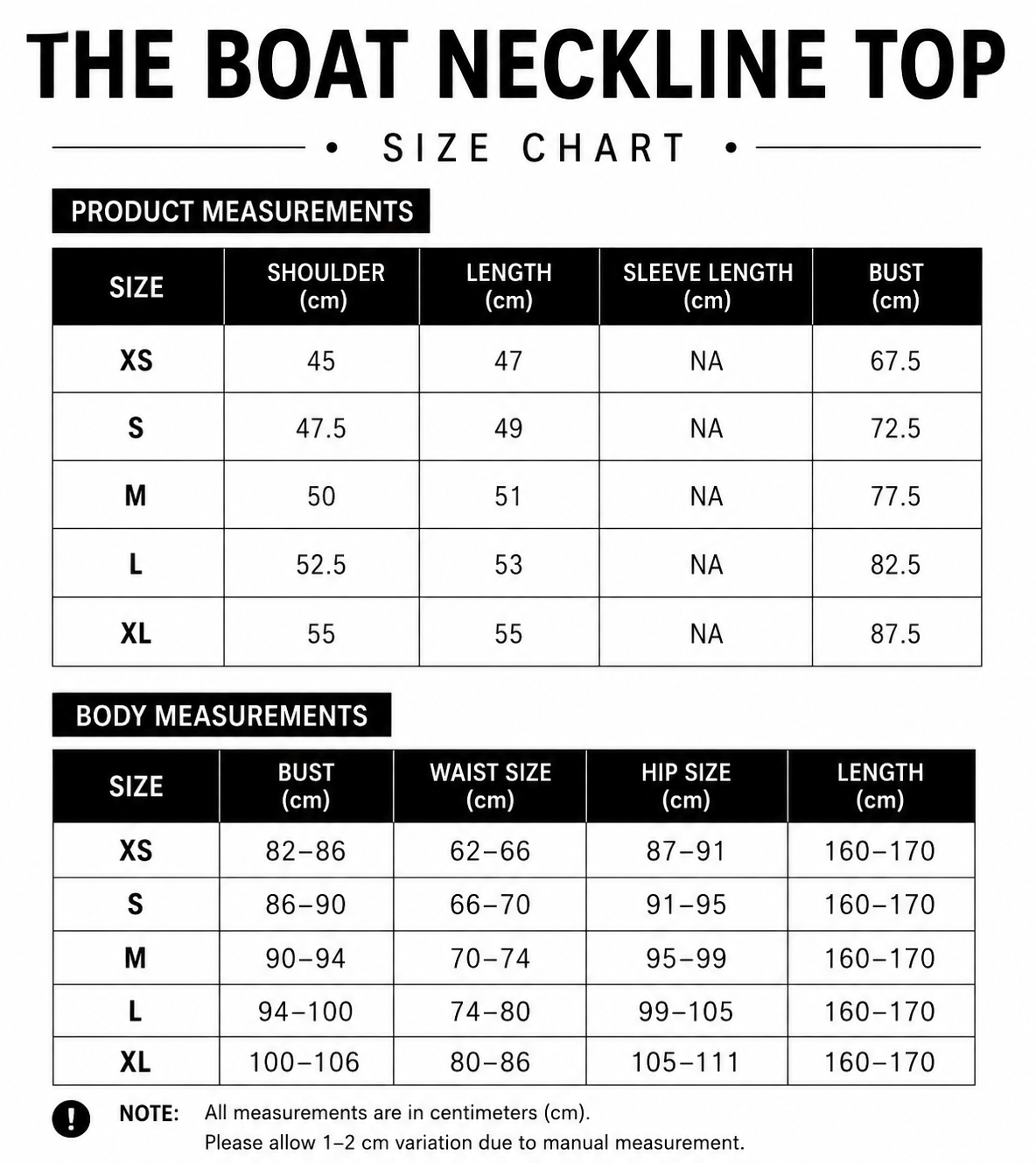 Size chart for Boat Neckline Top