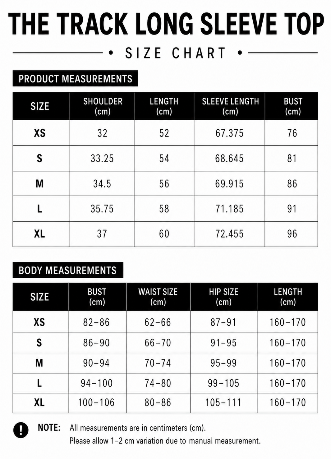 Size chart for The Track Long Sleeve Top