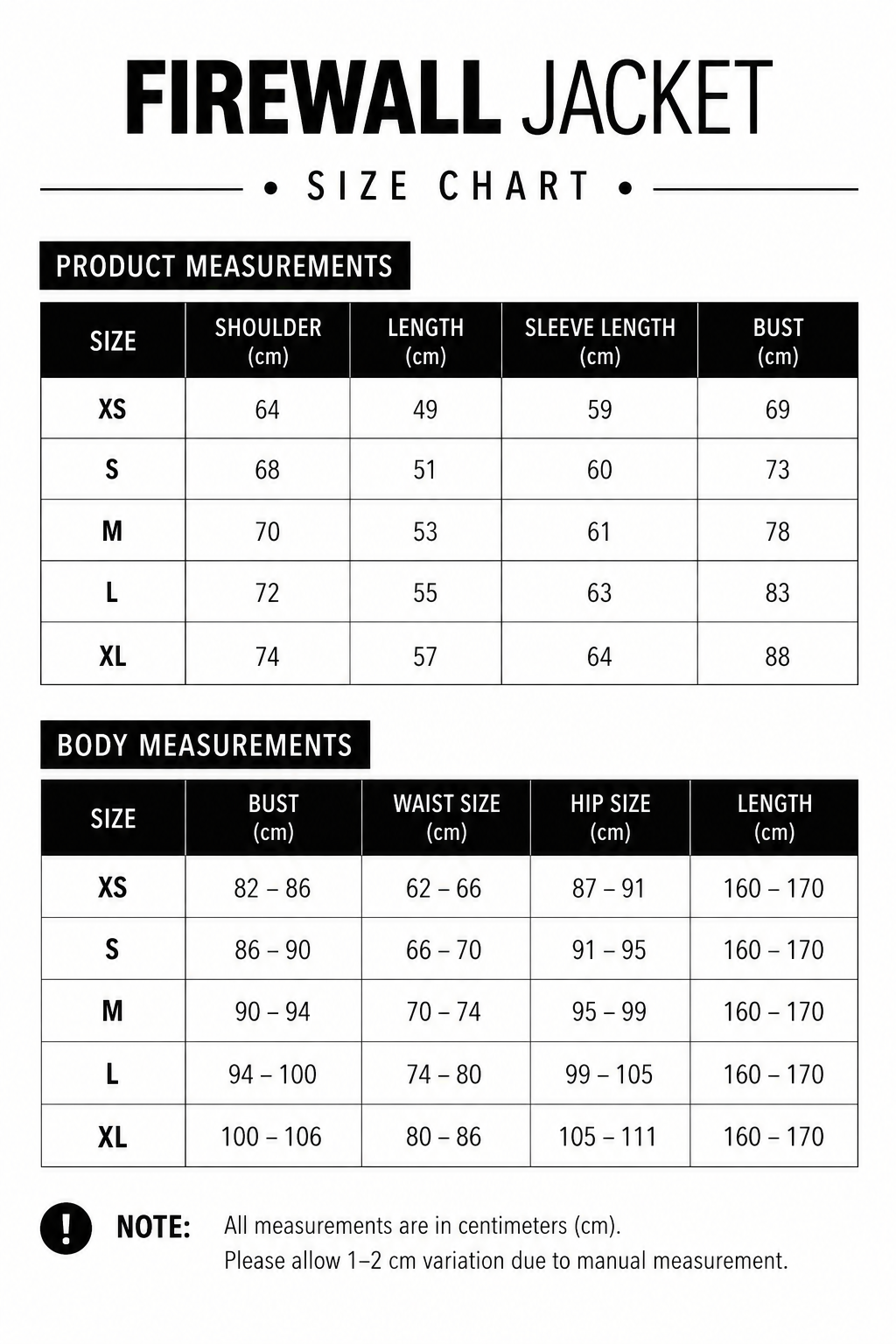 Size chart for The Firewall Jacket