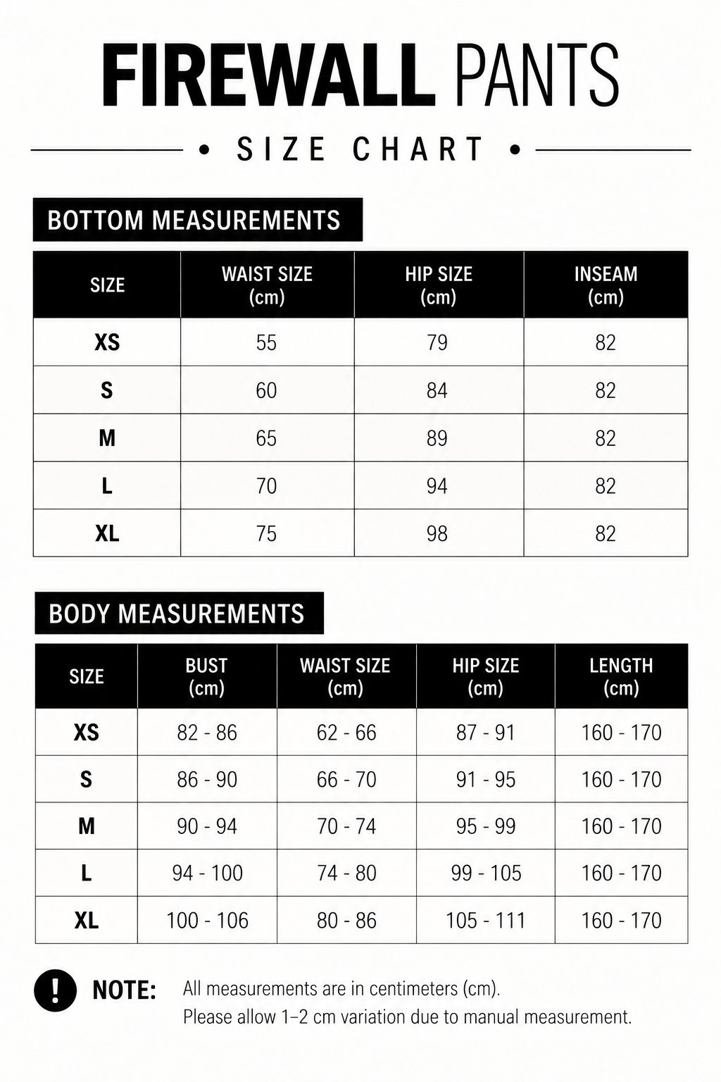 Size chart for The Firewall Pants