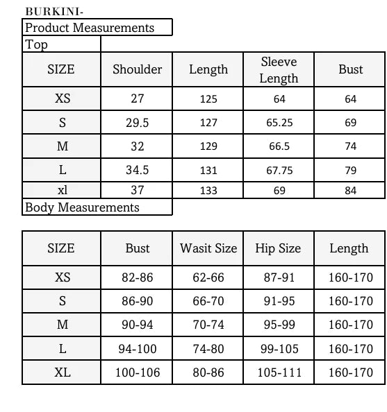 Size chart for The Heatwave Onepiece Burkini