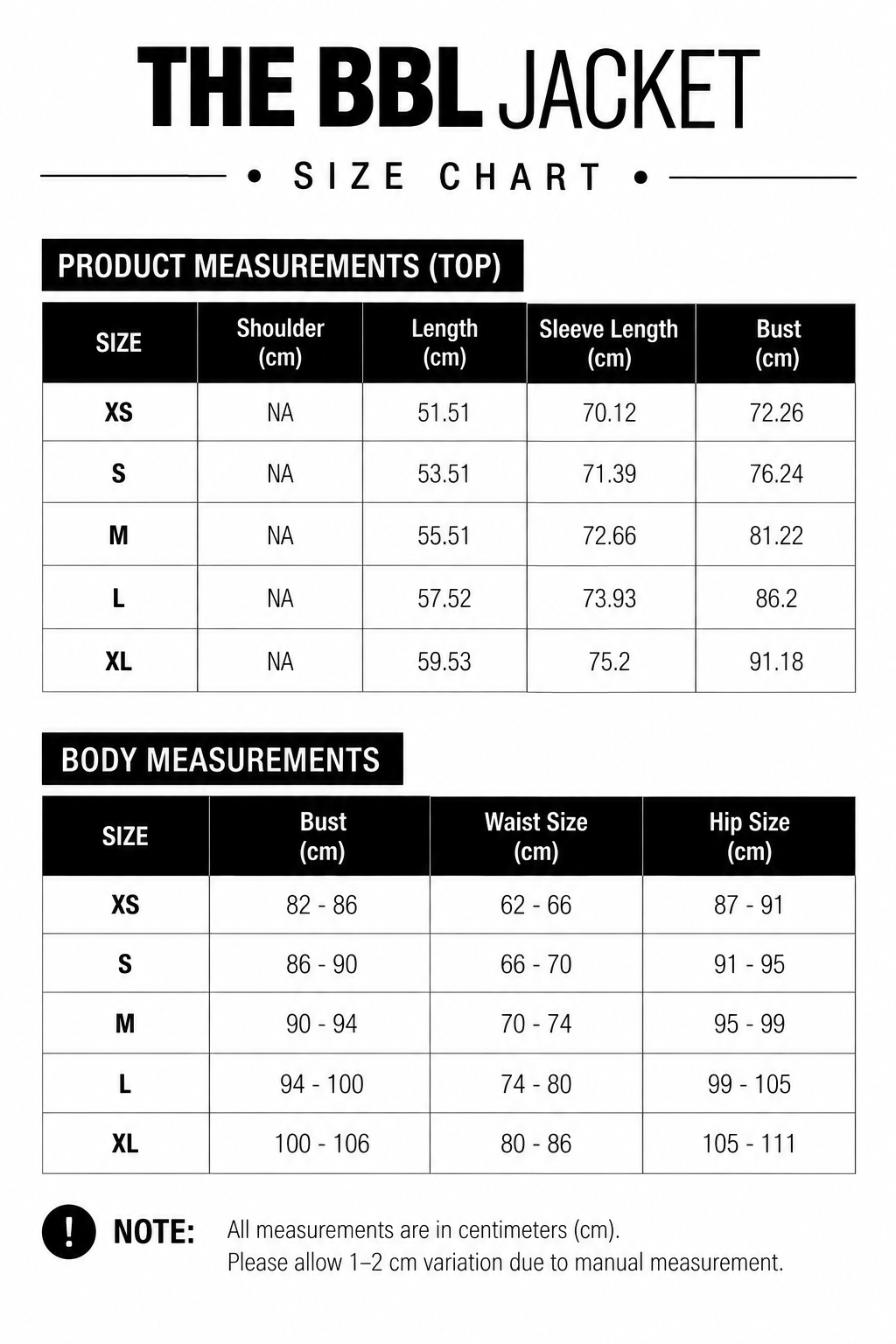 Size chart for The BBL Jacket 2.0