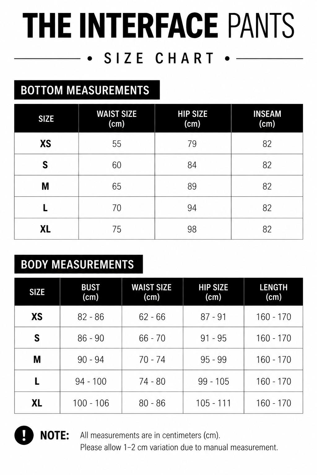 Size chart for The Interface Pants