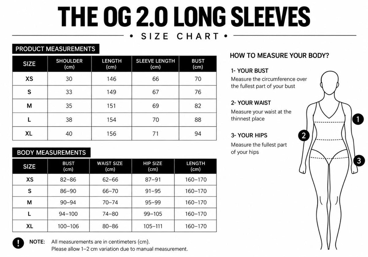 Size chart for The OG Bodysuit 2.0 Long Sleeves